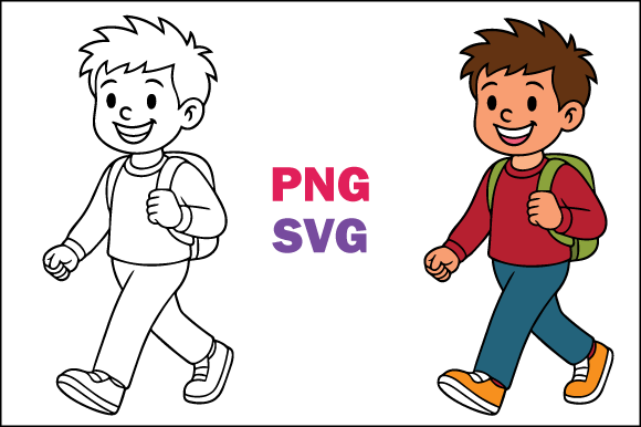 schoolboy walking with backpack graphics